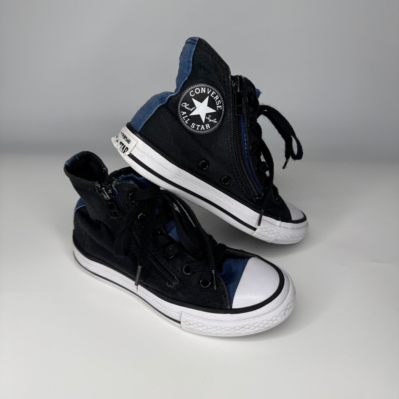 Converse High Top Sneakers Kids 12 Black Blue Side Zippers Easy On Gym Shoes - Picture 1 of 15